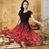 印花大摆长裙优雅女装新款夏装 中腰显瘦短袖名媛雪纺连衣裙B43-6557
