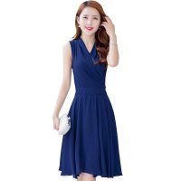 夏季中长款韩版V领蝴蝶结气质修身复古无袖雪纺连衣裙夏女B43-6595