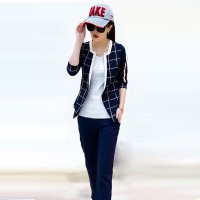 杰雅轩芝 欧美时尚格子2015秋装新款卫衣女的运动服修身两件套N355-872