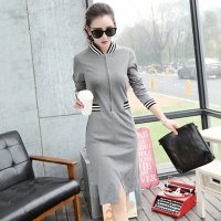 杰雅轩芝 修身欧美街头百搭棒球衫时尚大码针织长袖女中长款连衣裙国708-5859