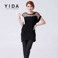 依达yida 2014夏装新款欧美大牌 透视性感露肩 欧根纱拼接莫代尔宽松大码短袖T恤 上衣