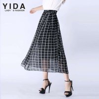 依达 yida 2014夏季新款修身格子经典黑色纱网时尚长裙百褶裙 女