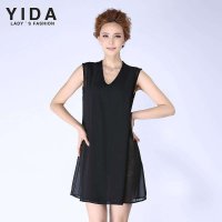 依达 yida 2014夏季新款修身经典黑白灰三色V领时尚大摆连衣裙 女
