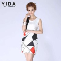 依达 yida 2014夏季新款印花中腰修身一步连衣裙 女 蓝色/红色可选
