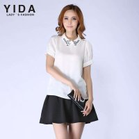 依达 yida 2014夏季新款宽松优质款雪纺无袖上衣翻领 T恤 女