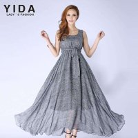 依达 yida 2014夏季新款甜美灰色印花碎花大摆裙长裙