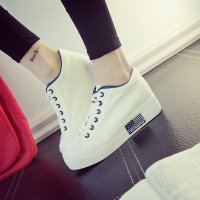 2016夏季超透气系带拼色低帮内增高白色帆布鞋女韩版厚底松糕鞋休闲学生鞋