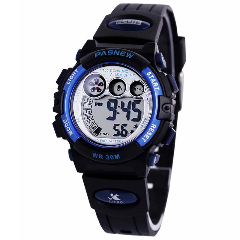 PASNEW百圣牛防水儿童表 学生电子手表 LED手表果冻手表 运动手表 计时手表 黑蓝