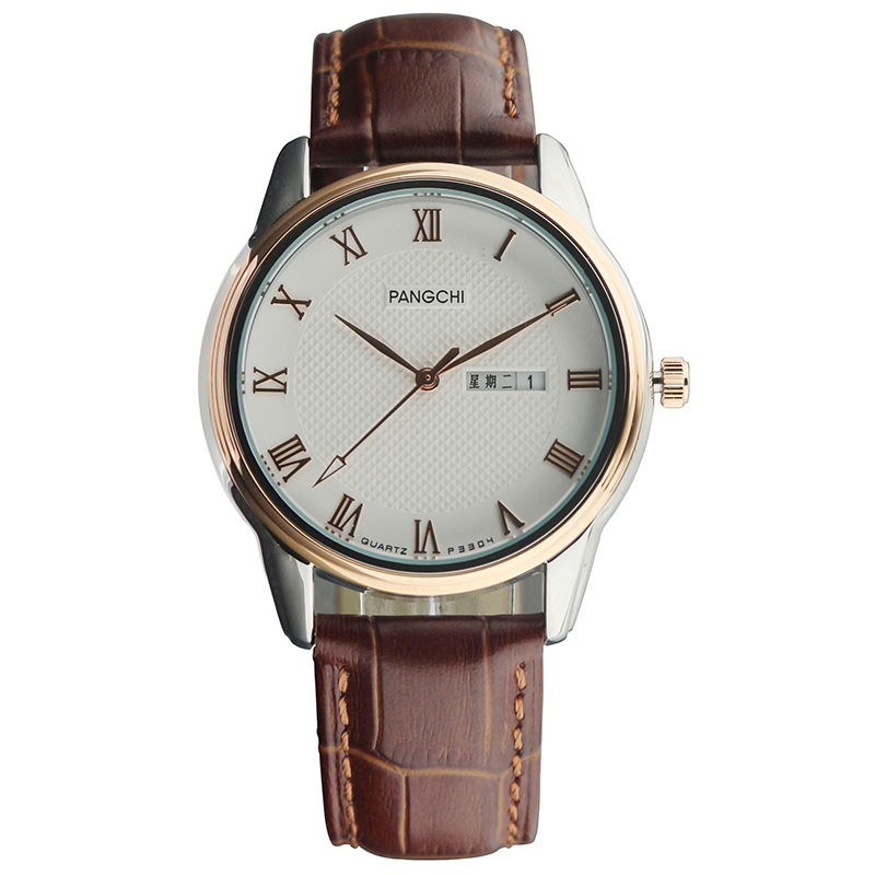 鹏志pangchi手表时尚复古罗马刻度石英表男士表双日历实心带表防水