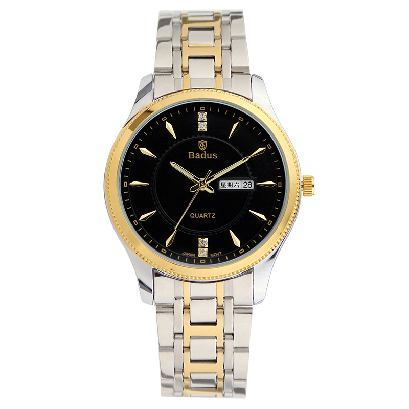 佰镀时badus手表石英表男双日历钢带男士表时尚水钻防水女士手表新款