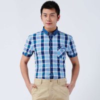 才子男装（TRIES）短袖衬衫 男士夏季纯棉蓝色时尚扣领格短袖衬衫