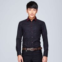 才子男装（TRIES）长袖衬衫 男士纯棉小圆点修身正装衬衫