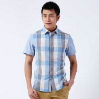才子男装（TRIES）短袖衬衫 男士夏季纯棉格子蓝色修身短袖衬衫