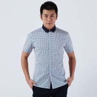 才子男装（TRIES）短袖衬衫 男士夏季新款蓝色纯棉修身商务短袖衬衫