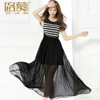 路慕 2014夏装新款大码女装显瘦雪纺大裙摆连衣裙长裙