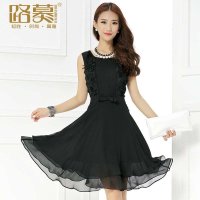 路慕 2014女装夏装新款 时尚拼接收腰显瘦无袖大裙摆连衣裙