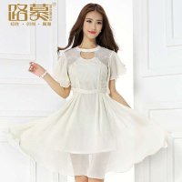路慕 2014女装夏装新款 时尚分割蕾丝雪纺连衣裙