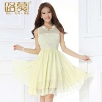 路慕 2014夏装新款 蕾丝拼接 无袖雪纺连衣裙