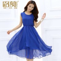 路慕 2014夏装新款 对称荷叶摆圆领无袖长裙 优雅气质雪纺连衣裙