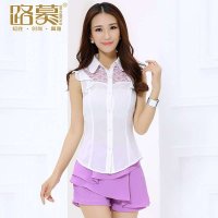 路慕 2014夏装新款 OL必备翻领木耳边性感镂空无袖百搭衬衫