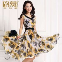 路慕 女装夏装2014新款OL气质无袖雪纺修身短袖连衣裙夏款