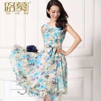 路慕 女装夏装2014新款 双层大摆假两件雪纺花色连身裙中长裙
