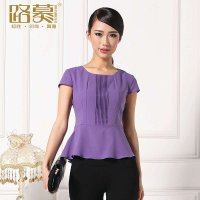 路慕 2014夏装女装 时尚 小衫 圆领 短袖修身女大码雪纺衫