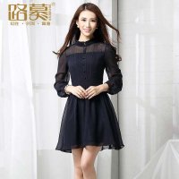 路慕 2014春装新款 褶皱拼接小立领灯笼袖雪纺长袖连衣裙