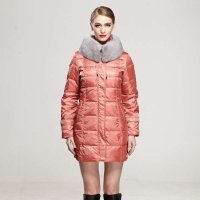 寒鹭 中长款时尚修身显瘦横条纹90绒兔毛羽绒服女装外套
