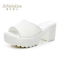 金台佳人2014新款头层牛皮拖鞋真皮女凉鞋拖厚底高跟一字拖