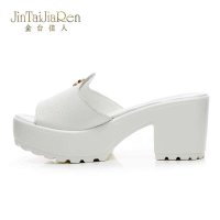 金台佳人2014新款头层牛皮加花拖鞋真皮女凉鞋拖厚底高跟一字拖