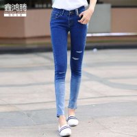 鑫鸿腾2016秋装新款情怀女装牛仔裤女士破洞修身显瘦九分裤女YLK-665