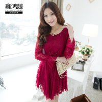 鑫鸿腾2016夏季新款韩版女装镂空修身蕾丝连衣裙 女中长款时尚圆领短裙 女 ZQ8755