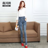 鑫鸿腾2016秋装新款韩版女装四排扣高腰牛仔裤女士弹力收腰大码女装小脚裤 女 XDD-2882-5