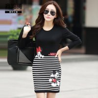 鑫鸿腾2016秋装新款米奇印花烫钻长袖连衣裙女 显瘦百搭条纹修身大码一步裙长款女士圆领套头T恤 SY-1620L