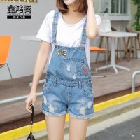 鑫鸿腾2016夏装新款韩版宽松大码牛仔背带短裤女 破洞吊带裤女士背带裤显瘦热裤女 YLK-331