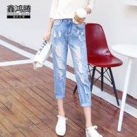 鑫鸿腾2016夏装新款女装女士牛仔裤破洞九分裤女 韩版宽松休闲磨破裤子女 TY-0633