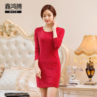 鑫鸿腾2016秋冬新款韩版大码女装中长款长袖蕾丝衫女士连衣裙 修身百搭圆领T恤打底衫女 FDY-2352