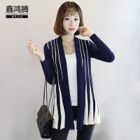 鑫鸿腾2016秋装新款韩版中长款女士外套针织衫 显瘦百搭条纹长袖针织毛衣女开衫上衣 JY-182