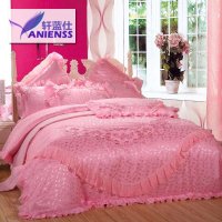 轩蓝仕家纺 蕾丝绣花婚庆四件套 贡缎提花里料全棉红色婚庆四件套 床上用品