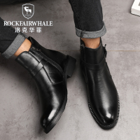 Rock Fairwhale洛克华菲男鞋马丁靴英伦风工装男靴真皮加绒复古拉链男士机车靴子头层牛皮增高棉靴大码RD8903