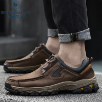 洛克华菲男鞋冬季经典真皮爸爸中年休闲男士商务防滑软底棕色皮鞋