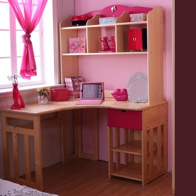 多喜爱儿童家具 儿童学习桌 1.2米直角 转角 实木书桌 书架 芭比红