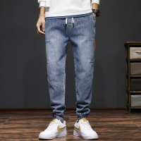 春季牛仔裤男士哈伦裤宽松直筒束脚弹力潮牌松紧腰抽绳拼接撞色裤 BY5802
