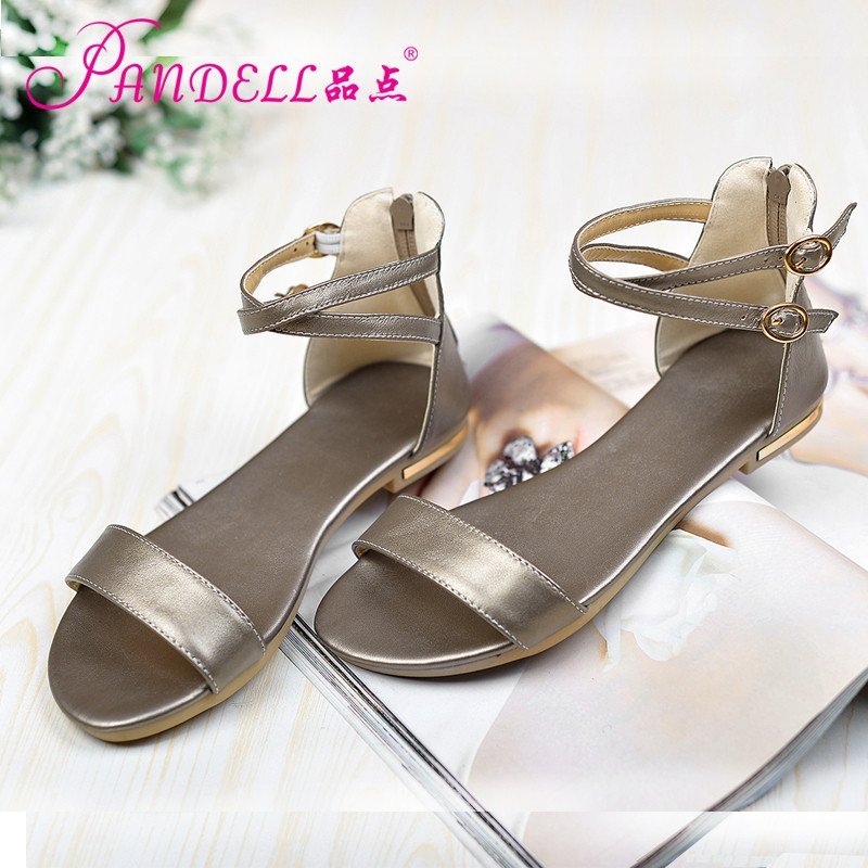 品点(Pandell)新款真皮凉鞋平底女鞋平跟女士凉靴夏季女鞋