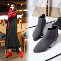 品点Pandell新款尖头粗跟短靴中高跟马丁靴保暖靴子秋冬保暖女鞋