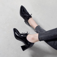 2020新款秋季粗跟单鞋女高跟鞋深口系带女鞋中跟小皮鞋百搭工作鞋