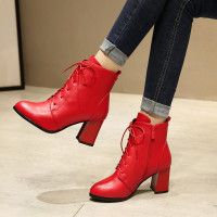 冬季粗跟高跟马丁靴女鞋系带短靴加绒短筒女靴子冬靴中跟红色婚鞋