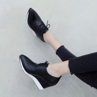 春秋百搭坡跟厚底松糕鞋系带深口女鞋黑色尖头高跟单鞋工作小皮鞋