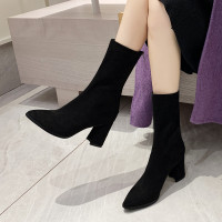 秋冬季新款粗跟中筒靴女靴子尖头短靴弹力瘦瘦靴高跟马丁靴单靴